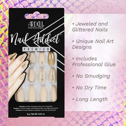 Ardell Nail Addict Nude Jeweled Press On Nails With Glue And File - 24 Artificial Glitter Nails For Beautiful Fingernails - Long Tips