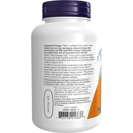 Now Ultra Omega 3-D Omega-3 Fish Oil With Vitamin D-3 90 Softgels - Image 3