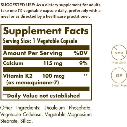 Solgar Vitamin K2 (Mk-7) 100Mcg Bone Health Vegetable Capsules 50 Count