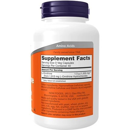 Now L-Ornithine Hydrochloride Amino Acid Supplement 120 Veg Capsules
