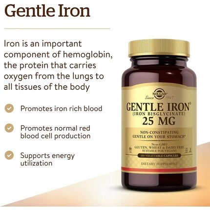 Solgar Gentle Iron 20mg Vegetable Capsules Reduces Constipating Effects Gentle on the Stomach Vegan and Gluten Free - Image 3