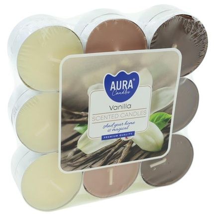 Bispol Aura Candles Vanilla Tealights 18Pack Assorted Colors 4 Hours Burn Time