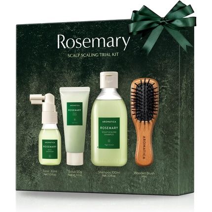 Aromatica Rosemary Scalp Scaling Trial Kit Gift Set Mini Wooden Hair Brush Shampoo 3.38 Fl. Oz. Root Enhancer 1.01 Fl. Oz. Scalp Scrub 1.01 Fl. Oz. For Clearer And Dandruff Free Hair 04 Rosemary Trial Set