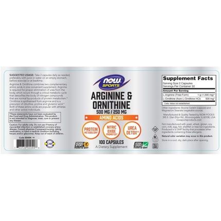Arginine Ornithine Now Foods 100 Caps