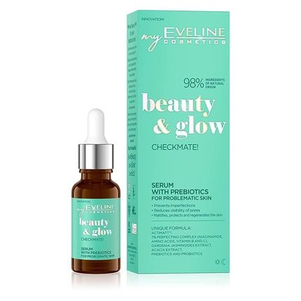Eveline Beauty & Glow Checkmate! Serum With Prebiotics For Problem Skin Vegan Prevents Free Radicals Soothes 98% Natural Ingredients With 7% Perfecting Complex 18Ml