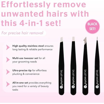 Brushworks Hd 4 Piece Combination Tweezer Set - Black