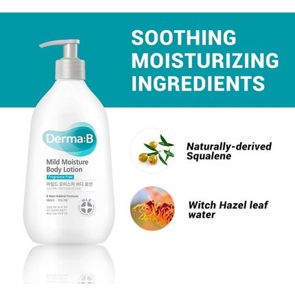 Derma B Mild Moisture Body Lotion Fragrance Free For Dry & Sensitive Skin With Witch Hazel And Squalane 13.5 Fl Oz 400Ml - Image 3