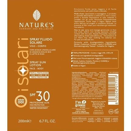 Bios Line Nature'S I Solari Sun Fluid Spray For Face And Body Spf30 200Ml