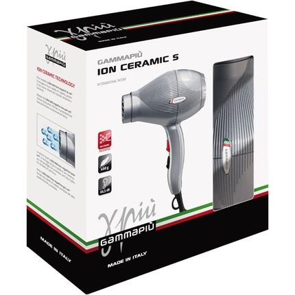Gammapiu Professional Hair Dryer Ion Ceramic With Ion Generator 3 Speeds Silver Coated Grill 2000-2300W Italian Plug Black