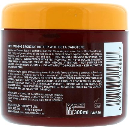 Malibu Sun Bronzing Fast Tanning Body Butter With Beta Carotene Tropical Coconut Fragrance 300Ml Gel