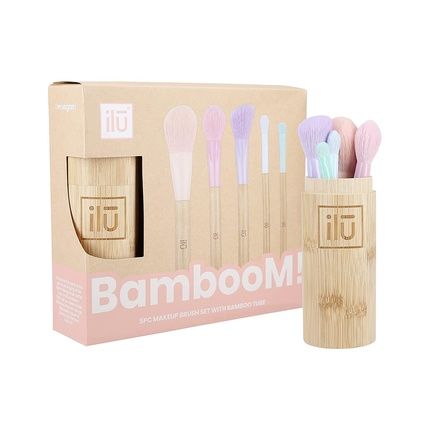T4B Ilu Bamboom! Set Of 5 Makeup Brushes With Bamboo Tube For Contouring, Blush, Powder, Eyeshadow, And Shading - Environmentally Friendly, Great Gift Idea
