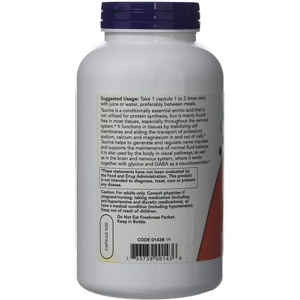 Now Foods Taurine Double Strength 1000Mg - 250 Vegetarian Capsules