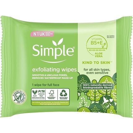Simple Kind To Skin Exfoliating Biodegradable Facial Wipes For Sensitive Skin 20 Wipes