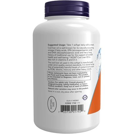 Now Cod Liver Oil 650Mg Excellent Source Of Vitamins A And D-3 250 Softgels - Image 3