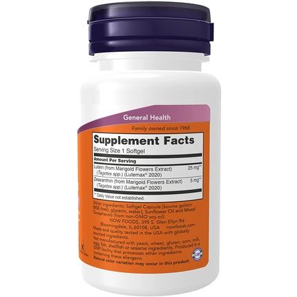 Now Lutein & Zeaxanthin Supplement 25Mg Lutein 5Mg Zeaxanthin 60 Softgels