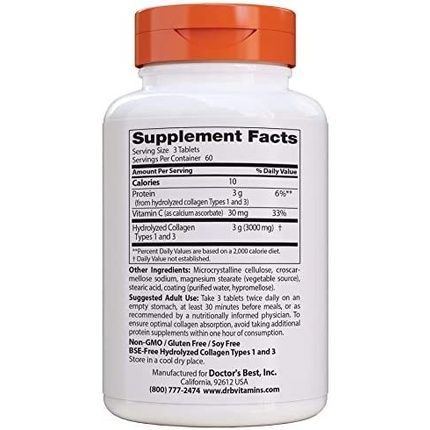 Doctor'S Best Collagen Types 1 & 3 With Vitamin C 1000Mg 180 Tablets - Soy-Free And Gluten-Free - Image 3
