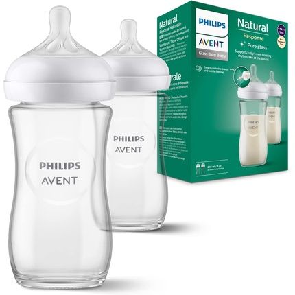 Philips Avent Natural Response Glass Baby Bottle 240Ml Bpa Free For Newborn Babies 1 Month+ - Pack Of 2