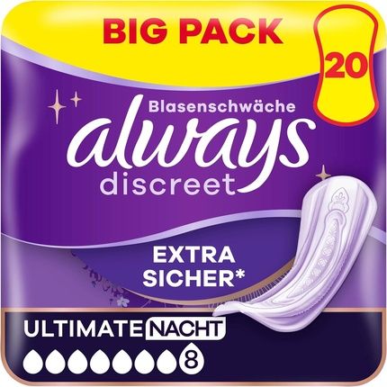 Always Discreet Incontinence Pads For Women Ultimate Night 20 Pieces