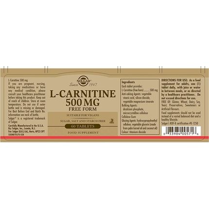 Solgar L-Carnitine Tablets 500mg Metabolism Support 60 Tablets - Vegan, Gluten Free and Kosher - Image 3