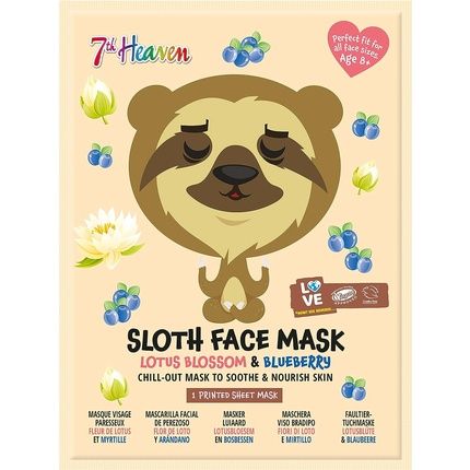 7Th Heaven Sloth Face Sheet Mask With Lotus Blossom And Blueberry To Soothe And Nourish Skin