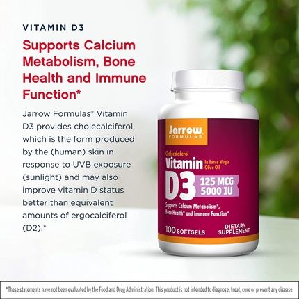 Jarrow Formulas Vitamin D3 5000 Iu Bone Health Immune Function & Calcium Metabolism Support 100 Softgels - Image 3