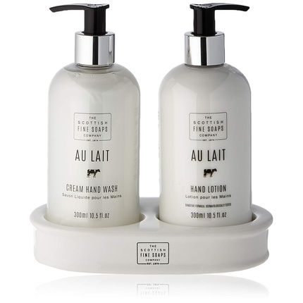 Scottish Fine Soaps Au Lait Hand Care Set Hand Wash Lotion And Ceramic Bottle Stand 600Ml