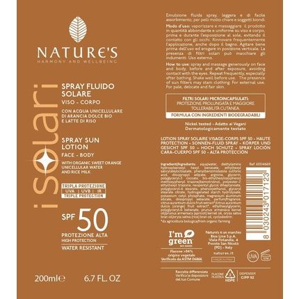 Bios Line Nature'S I Solari Sun Fluid Spray For Face And Body Spf50 200Ml
