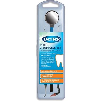 Dentek Professional Dental Care Set - Removes Plaque And Tartar - Fights Bad Breath - Dishwasher Safe - Rustproof - Mouth Mirror, Toothpick, Tartar Scraper & Gum Stimulator - Storage Box Professional Dental Care Set Single