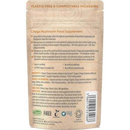 Organic Chaga High Strength 9000Mg Full Spectrum 40% Polysaccharides 30% Beta-Glucans Triterpenes Additive Free Capsules