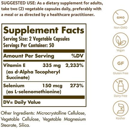 Solgar Vitamin E With Yeast Free Selenium Vegetable Capsules 100 Capsules - Hair And Nails - Vegan