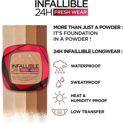 L'Oreal Paris Foundation In A Powder Longwear Coverage With A Mattifying Finish Water And Heat Resistant Infallible 24H Fresh Wear 260 Golden Sun 9G - Image 3