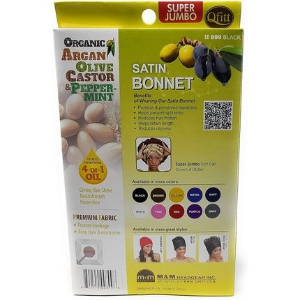 Qfitt Organic Argan Shea Butter Olive Oil Super Jumbo Satin Bonnet 899 Black