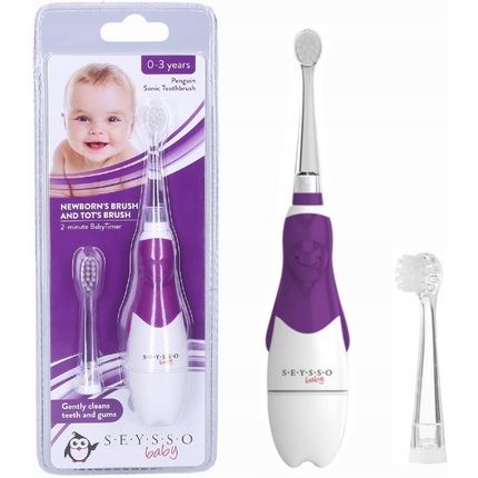 Seysso Baby Penguin Safe Sonic Electric Toothbrush For Children 0-3 Years Old With Led Light 16000 Soft Sonic Movements Battery Included & 2 Different Replacement Brush Heads
