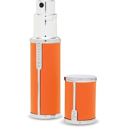 Travalo Milano Perfume Atomizer Travel Refill U-Change System Tsa Approved Reusable Airtight Easy Fill Mini Pump Sprayer Lightweight Portable Vegan Leather With Polished Metal Outer Shell 0.17Oz Orange