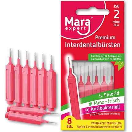 Interdental Brush Red Mara Expert 0.5Mm Iso 2 Medium Fine 8 Interdental Brushes Bioplastic Brushes For Interdental Spaces With Mint Flavor Chlorhexidine Fluoride