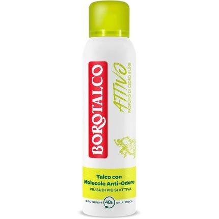 Borotalco Yellow Active Spray Deodorant Formula Without Alcohol And Talc With Anti-Odor Molecules 48 Hours Effectiveness Cedar And Lime Scent 150Ml