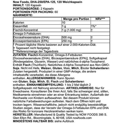 Now Foods Dha 250Mg Epa 100Mg Fish Oil Concentrate Omega-3 120 Capsules