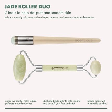 Ecotools Jade Roller Facial Set Face Roller + Under Eye Roller Massage Tool 100% Jade Skincare Essential Jade Roller + Eye Roller - Image 3