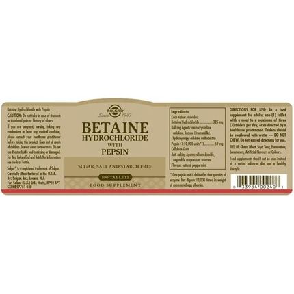 Solgar Betaine Hydrochloride With Pepsin Tablets - Maintains Healthy Digestion - Gluten Free