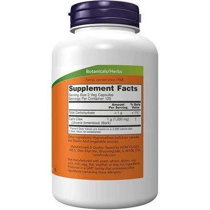 Now Cat'S Claw 500Mg Herbal Supplement 250 Veg Capsules