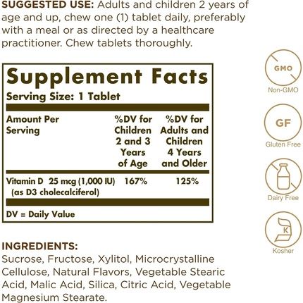 Solgar Vitamin D3 1000 Iu Chewable Tablets 100 - For Healthy Bones, Teeth And Muscle Function - Immunity - Gluten Free