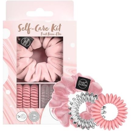 Invisibobble Hair Scrunchie Set Self-Care Kit 1 Scrunchie Velvet Pink 3 Spiral Hair Bobbles Transparent And 3 Matte Pink