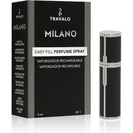 Travalo Milano Perfume Atomizer Travel Refill U-Change System Tsa Approved Reusable Airtight Easy Fill Mini Pump Sprayer Lightweight Portable Vegan Leather With Polished Metal Outer Shell Black 0.17Oz