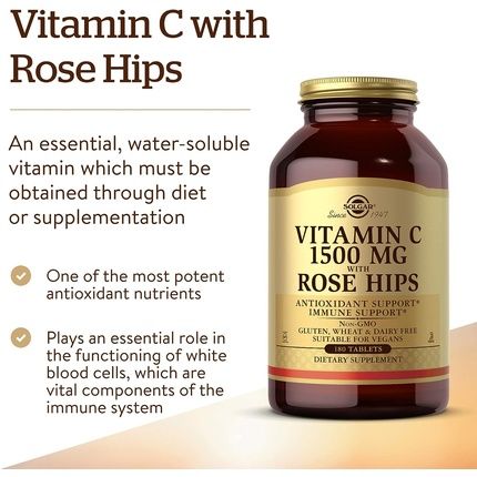 Solgar Vitamin C 1500mg with Rose Hips - Healthy Immune System - Antioxidant - Vegan - 180 Tablets - Image 3