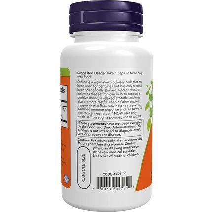 Now Saffron Whole Herb 50Mg With 10% Crocins 60 Veg Capsules - Image 3