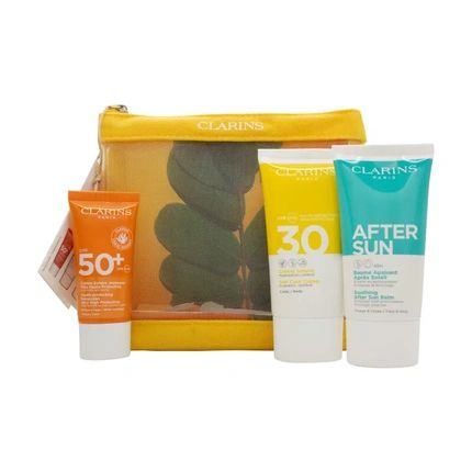 Clarins Essential Sun Care Travel Set - 50Ml Very High Protection Sun Cream Spf 50, 15Ml Gentle Peeling, 75Ml Soothing After Sun Balm