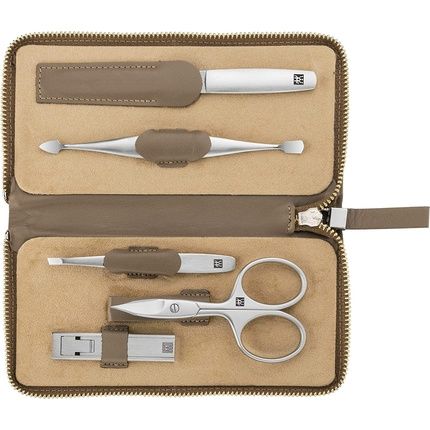 Zwilling Twinox 5-Piece Premium Manicure Set In Cowhide Leather With Zipper Taupe
