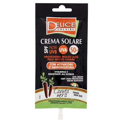 Delice Solaire حماية عالية بعامل حماية من الشمس 50+ واقي من الشمس مع منشط تسمير البشرة 50 مل حجم صغير - جزر أسود - خالٍ من العطور - تم اختباره من قبل أطباء الجلدية