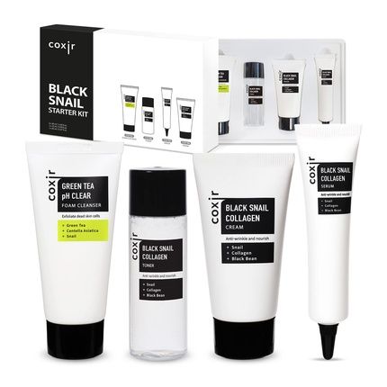 [Coxir] Black Snail Collagen Starter Kit Foam Cleanser+Toner+Serum+Cream Black-3-Complex: Black Rice, Bean, Sesame, Snail Mucin, Collagen Repairing&Firming