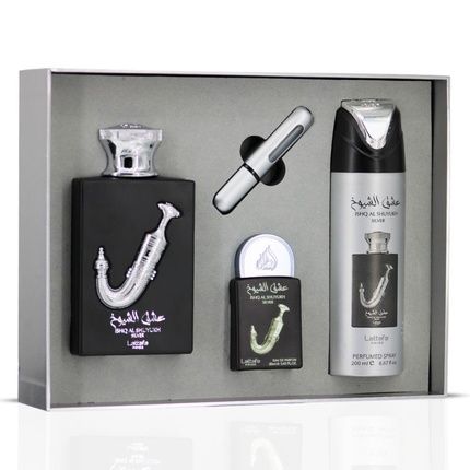 Lattafa Pride Ishq Al Shuyukh Silver Giftset Eau De Parfum 100Ml + 20Ml + Deodorant 200Ml Men Fragnance